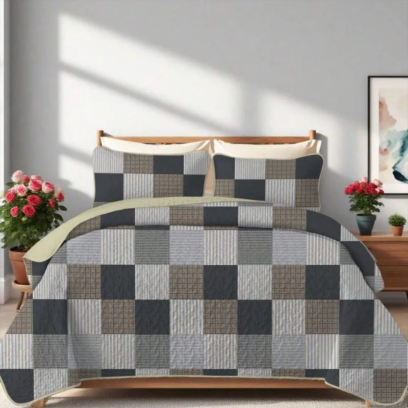 2/3pcs Fashionable Checkered Print Quilt Set(1 Quilt + 1/2 Pillowcases), 100% Polyester Machine Washable Bedspread