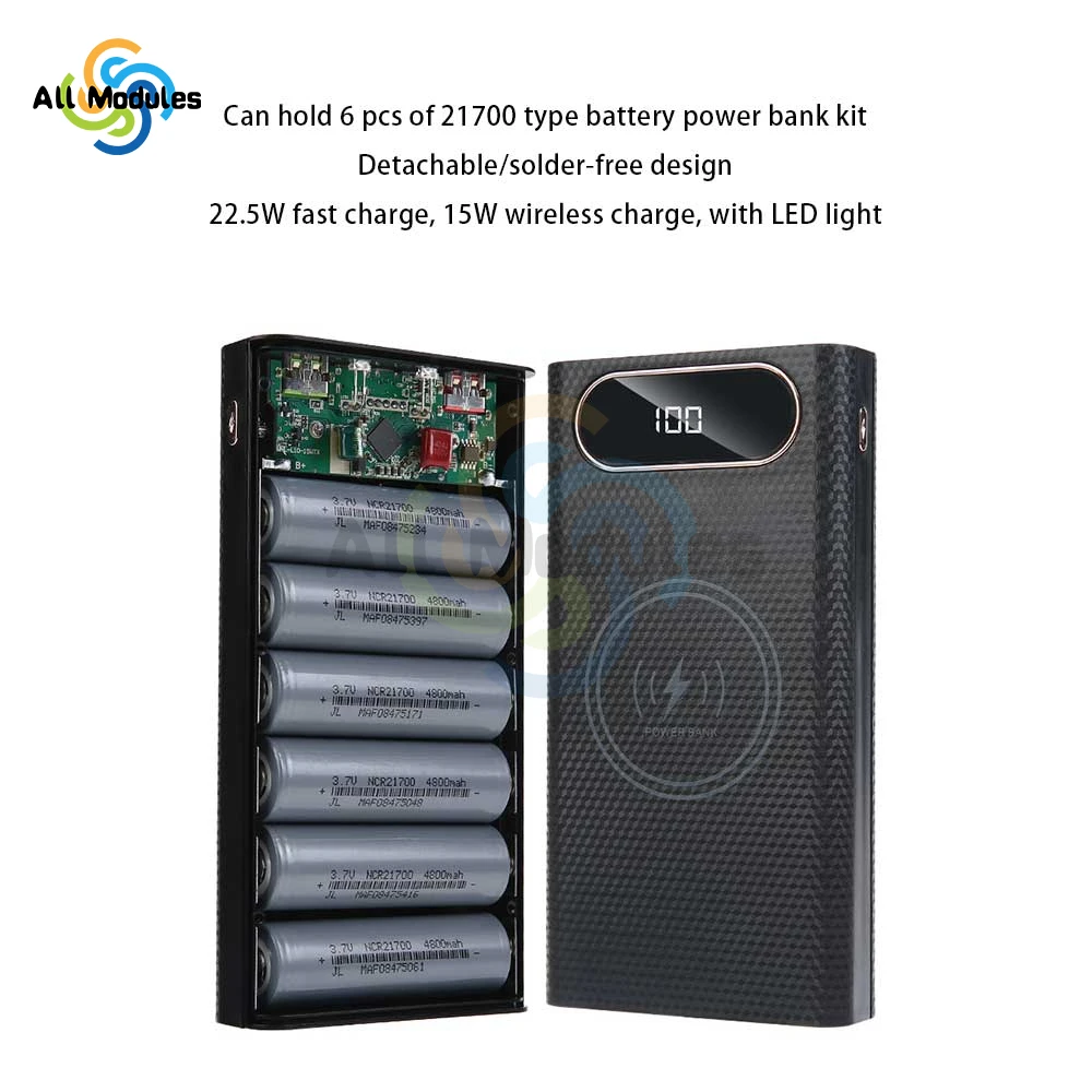 QC3.0 5V 9V 12V Removable 6-section 21700 power bank 18650 Case Lithium Battery Holder Two-way Fast Charger Box Shell DIY Kit