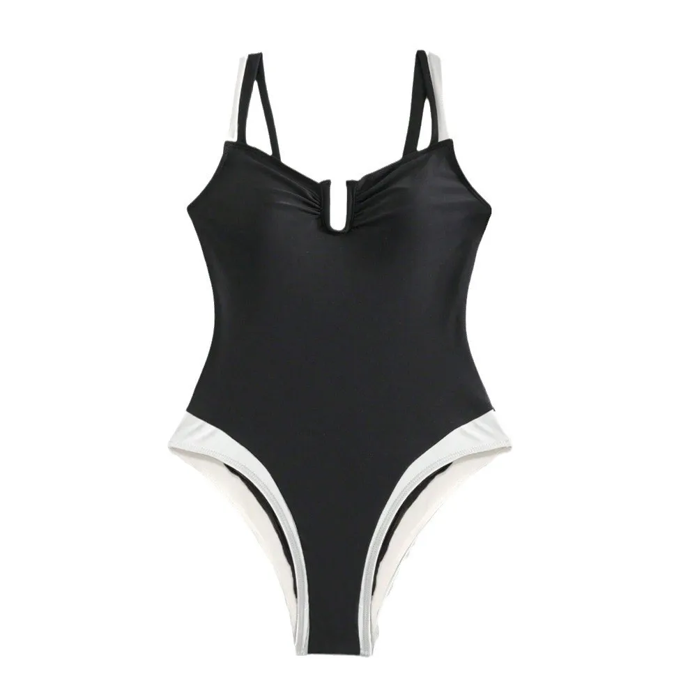 2026 Bikini Woman Tankini Deep V Neck Bikinis Black And White High Cut Leg Swimsuit Ruched Bust Swimwear Women's Tankinis view 5