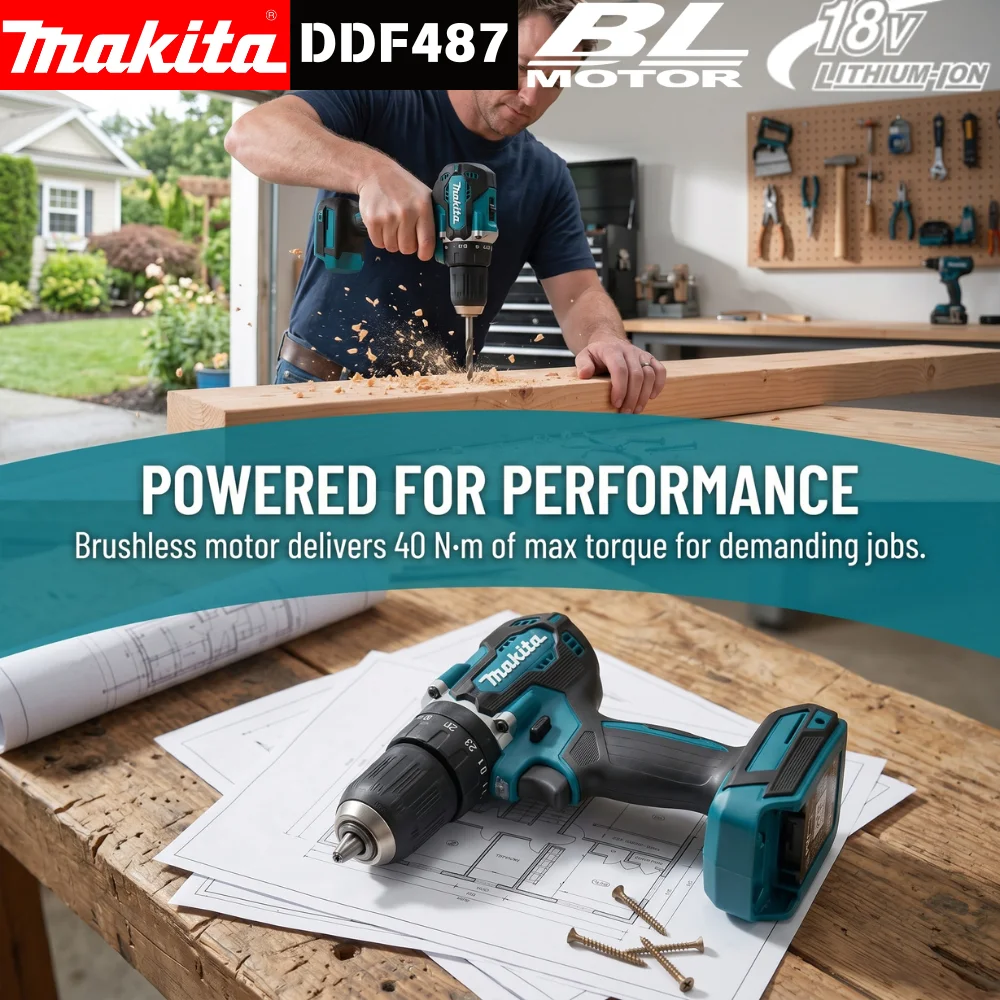 Makita DDF487 18V Brushless Drill Driver Complete With Twin LED Lighting XPT Waterproof Structure For Metal Wood Drilling Tasks