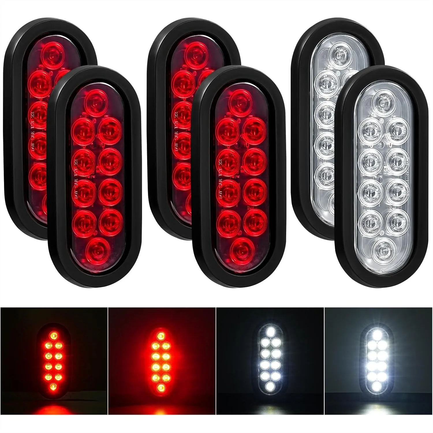 

6 Inch Oval LED Trailer Lights 10 LED Red White Tail Lights for Trucks RV with 3-Pin Plug & Grommets