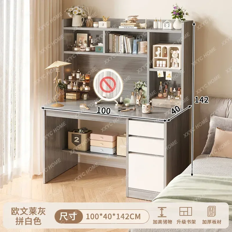 LDressing Table Simple Style for Girls Bedroom Cream Large Capacity Storage Makeup Table Student Bookshelf Integrated Desk