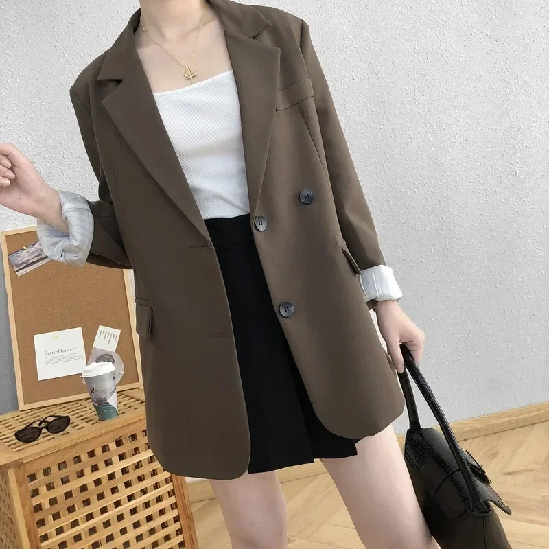 Long Sleeve Korean Chic Brown Blazers Solid Colors Loose Suits Single Breasted Women Bf Casual Blazer Office Lady Work Clothing