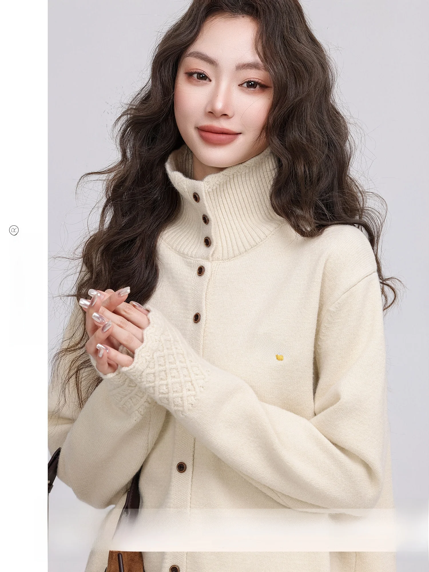 

Ladies' Lazy Sle High Collar Embroidered Sweater Winter Open Cardigan Soft Polyester Fiber Retro Loose Fit Warm Top