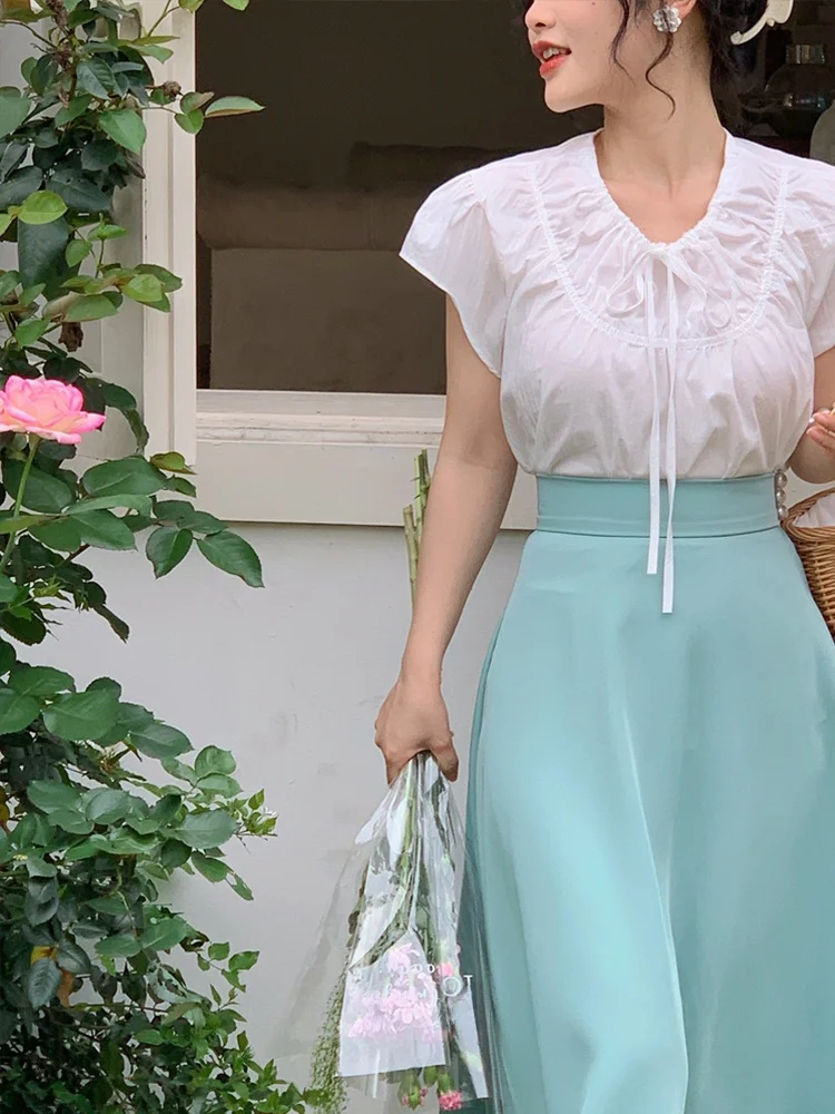 

Легкая женская летняя рубашка Yuan Ying свободного кроя с коротким рукавом, маленького размера, прямого силуэта, с рукавами-фонариками и круглым вырезом