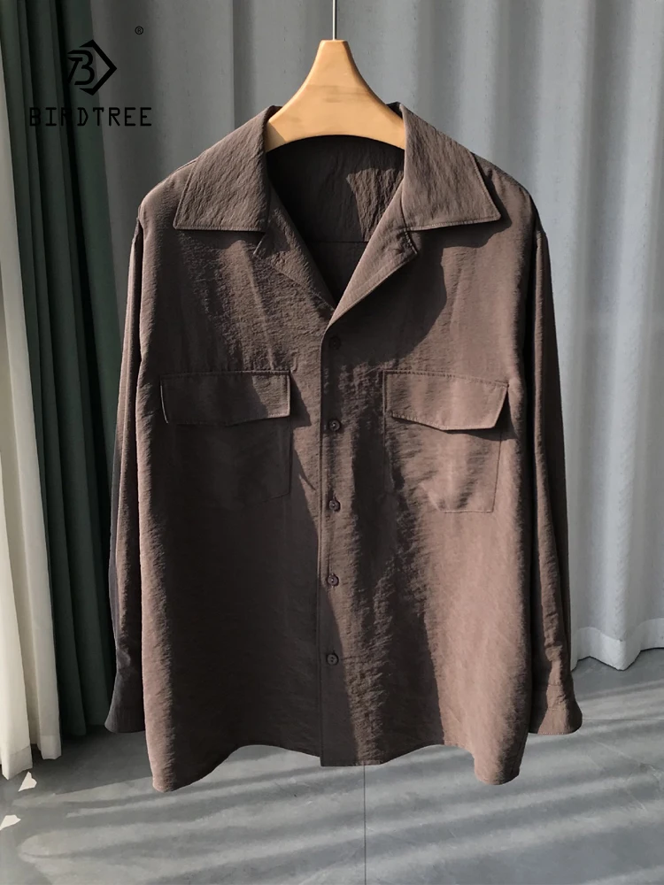 Birdtree, 77.8%Real Silk Elegant Shirt, Women Lapel Long Sleeve Solid, Simplicity Pockets Commute Blouse, 2024 Spring T44938QC