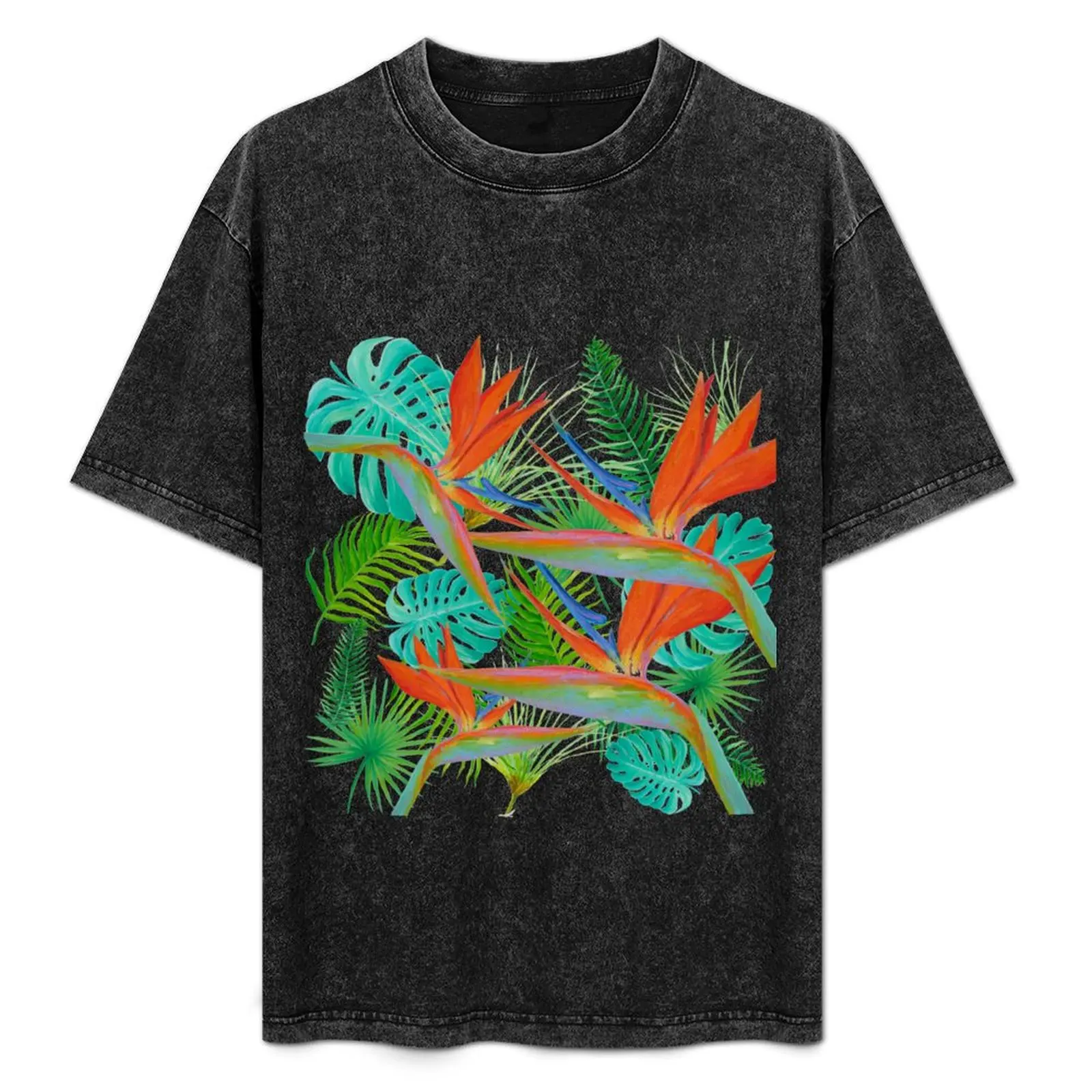 Bird of Paradise and tropical leaves and ferns T-Shirt blue archive man t shirt mens fashion