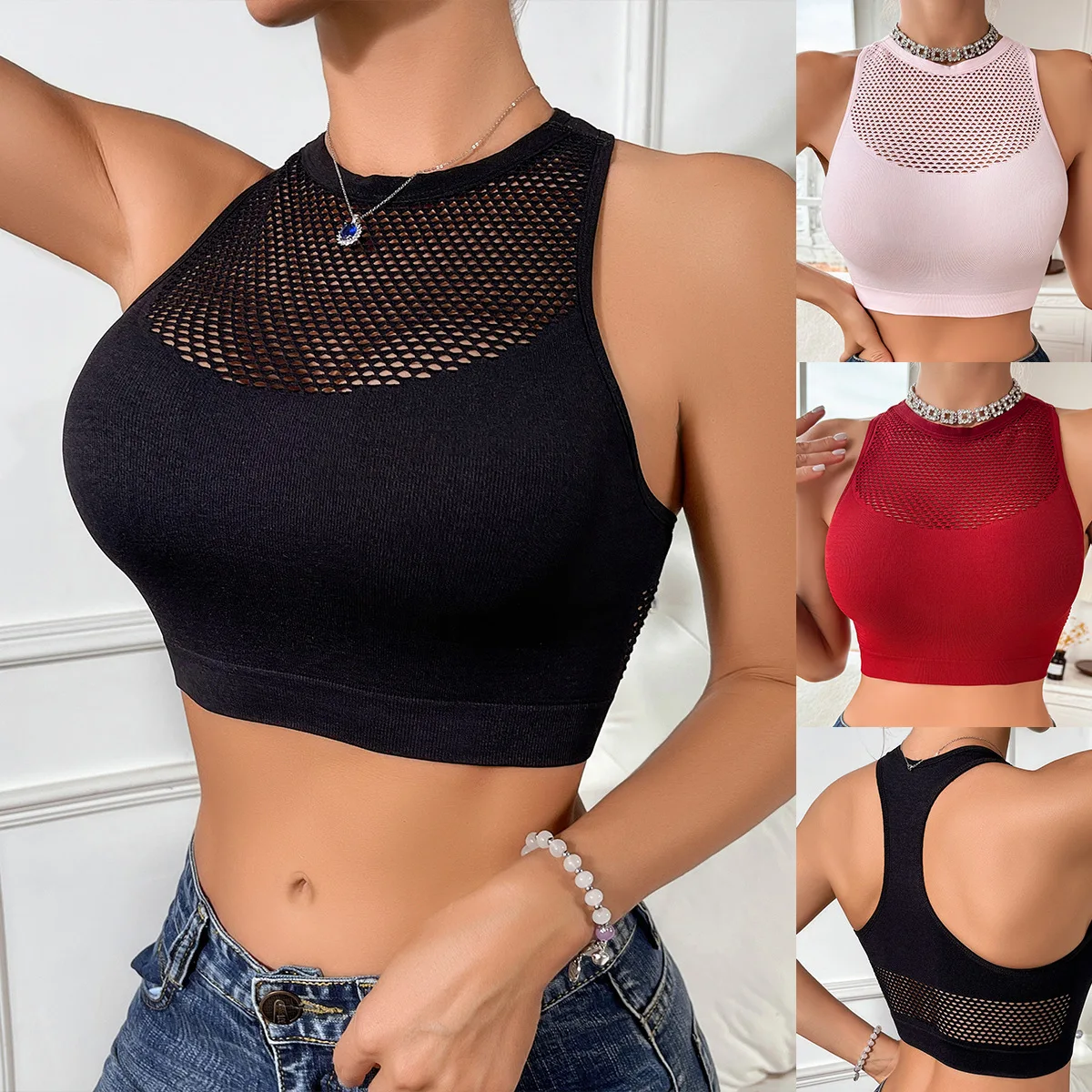 

Women Seamless Underwear Sexy Tank Tops Fishnet Hollow Out Sports Female Gym Yoga Top Fitness Push Up Tights Workout Clothes