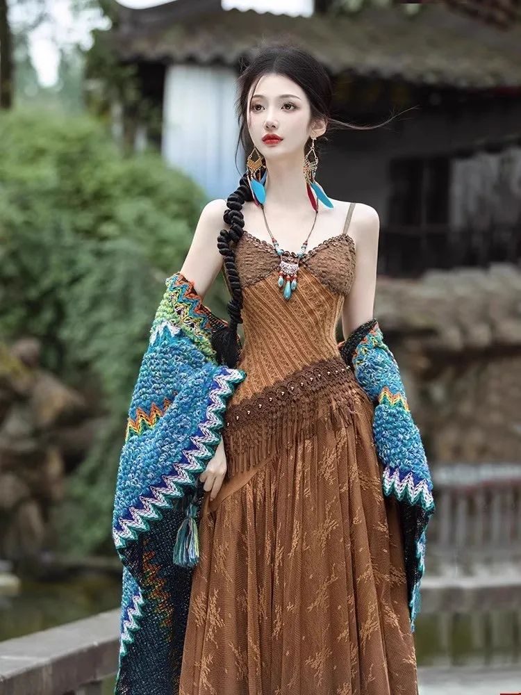 Bohemian Ethnic Sle Sling Dress Women Summer Yunnan Thailand Sanya Seaside Vacation Beach Long Skirt