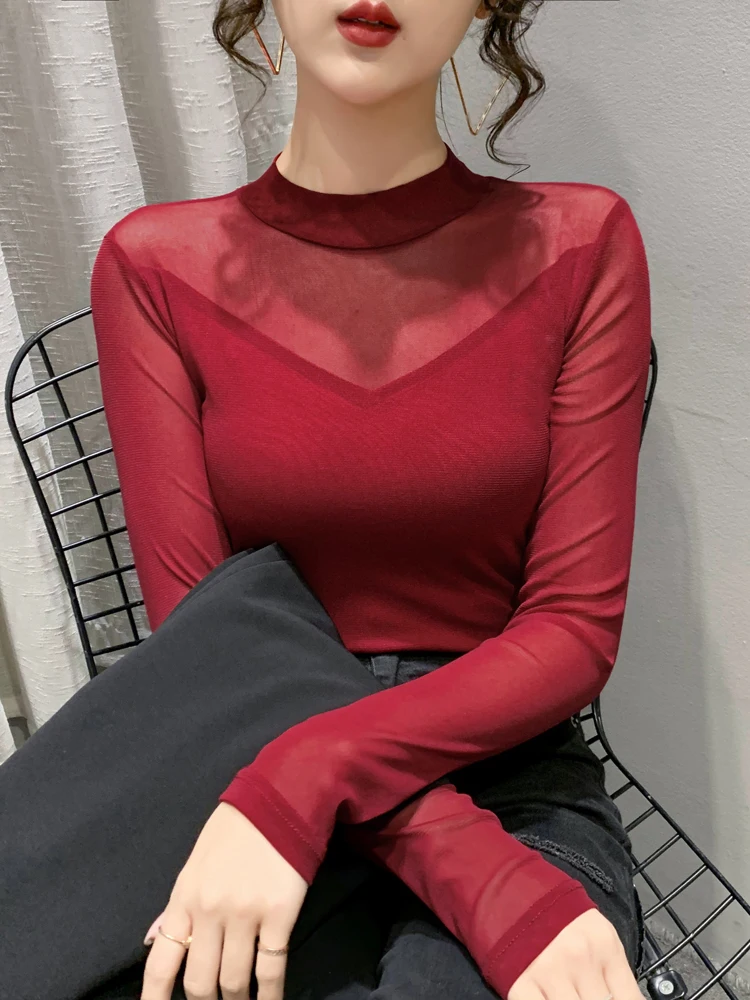 Spring Autumn 2024 New Sexy Half High Neck T shirt Fashion Mesh Bottoming shirt Women Long Sleeve Black Casual Top