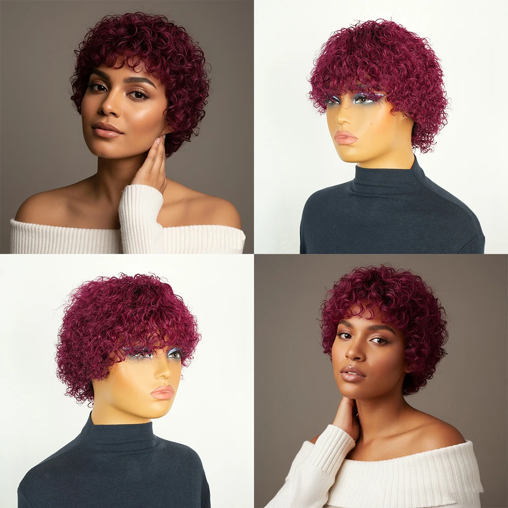 Peluca de corte Pixie corto rizado con ondas de agua color Burdeos, pelucas de cabello humano brasileño con flequillo prearrancado para mujeres, hechas a máquina
