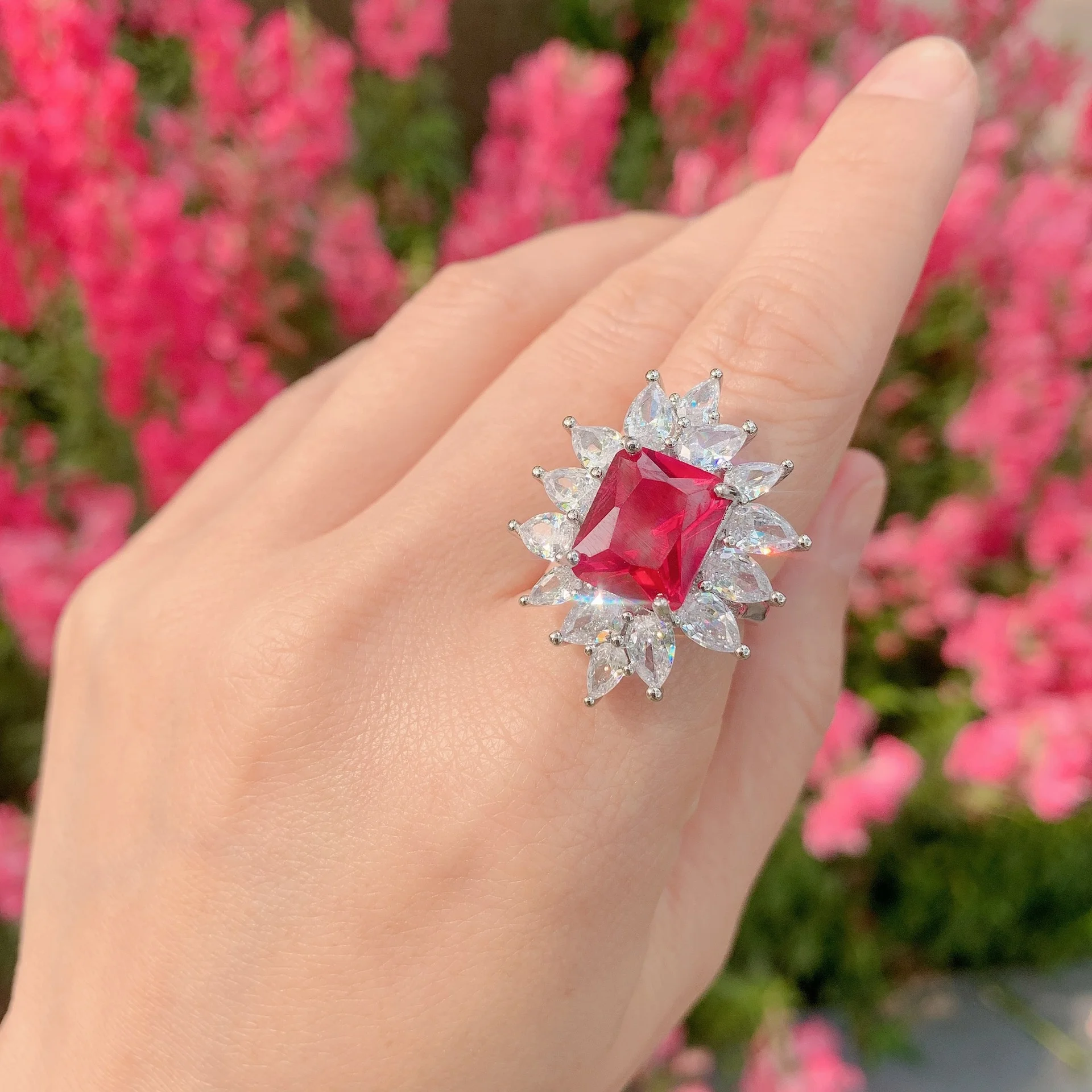 Luxury brand genuine real jewels Ring female imitation pigeon blood red treasure with diamond lady ring main stone 10 * 12 high