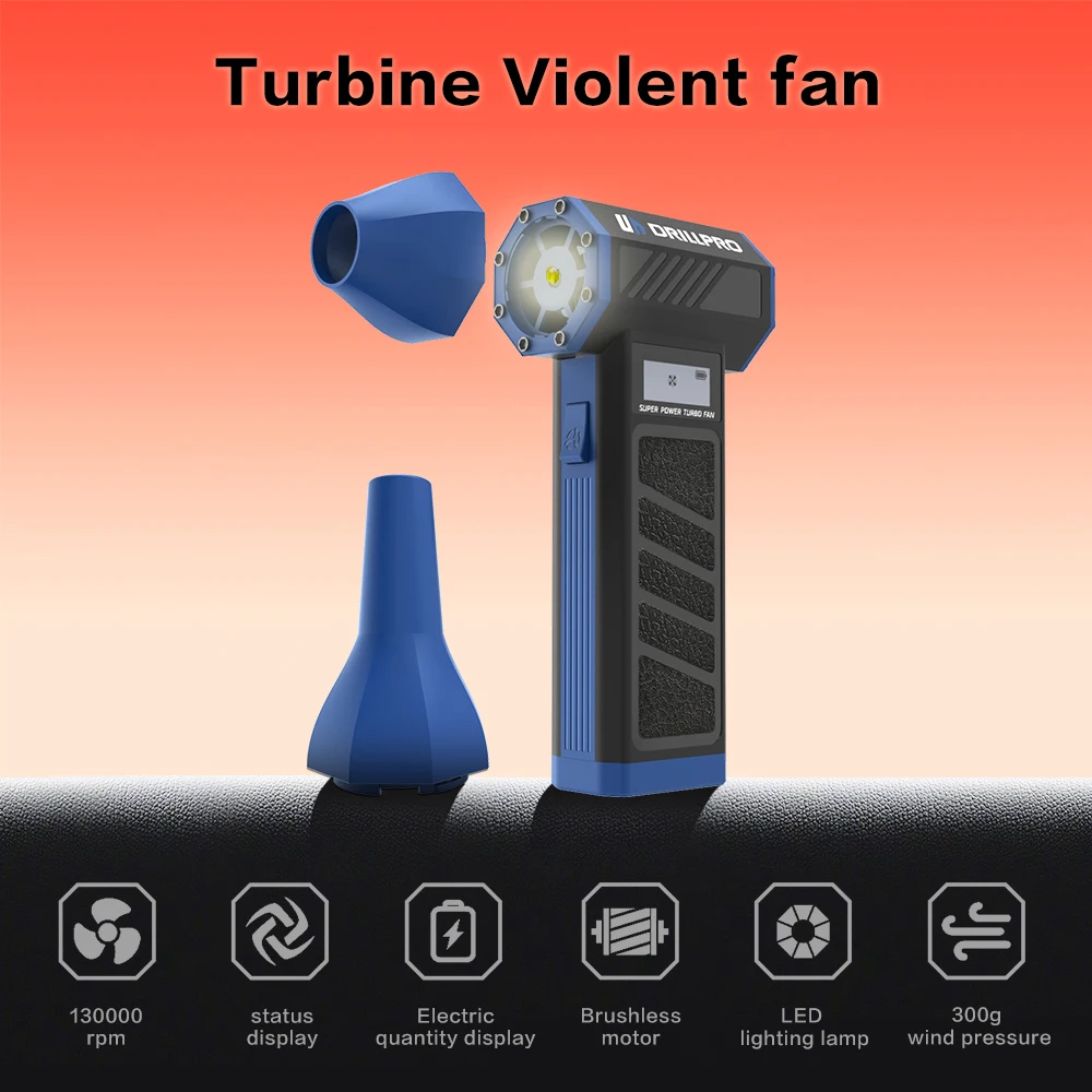 Drillpro P30 Turbo Fan 130000RPM 300g Wind Pressure with 5000mAh Battery Dual Nozzles Portable Brushless Motor High Performance