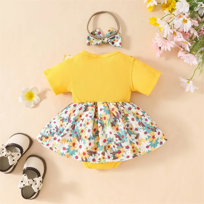 Baby Girls Rompers Dress Floral Print Skirt Hem Short Sleeve Jumpsuits Bodysuits with Headband