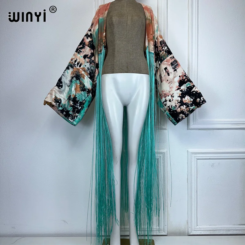 WINYI kimono boho fashion summer beachwear summer Classic print Bikini Cover-up Cardigan sexy Holiday long Sleeve tassels top