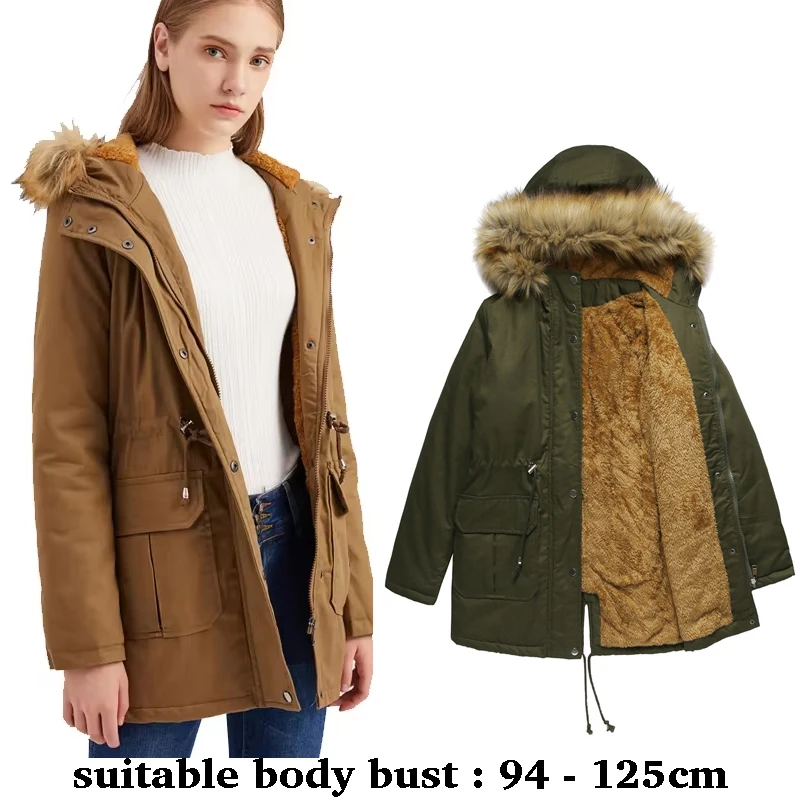 

High quality faux fur hooded trench coat for women big size plush lining new winter 2025 casual clothes - black brown red