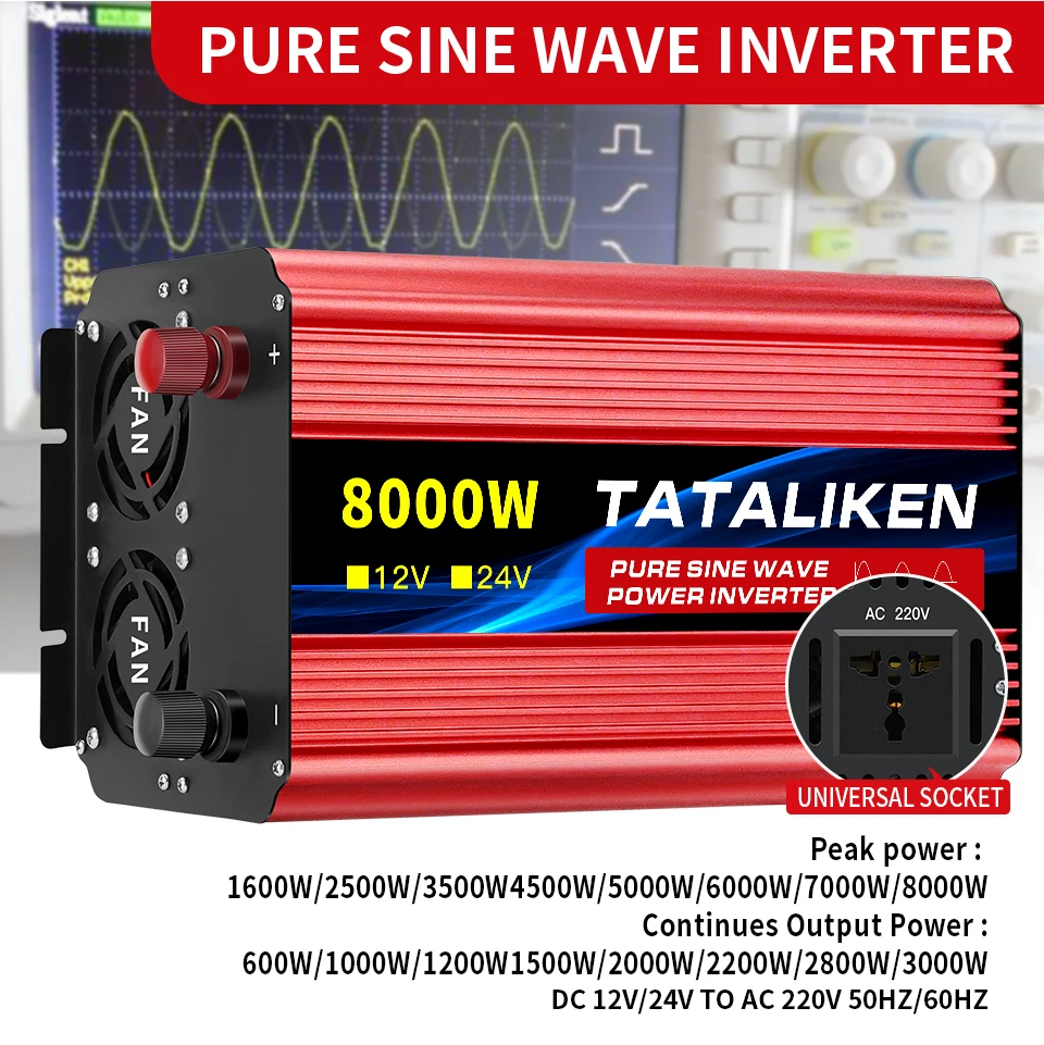 Pure Sine Wave Inverter DC 12V/24V To AC 110V/220V 1600W 2500W 3500W 4500W 5000W 6000W Portable Power Converter Universal Socket