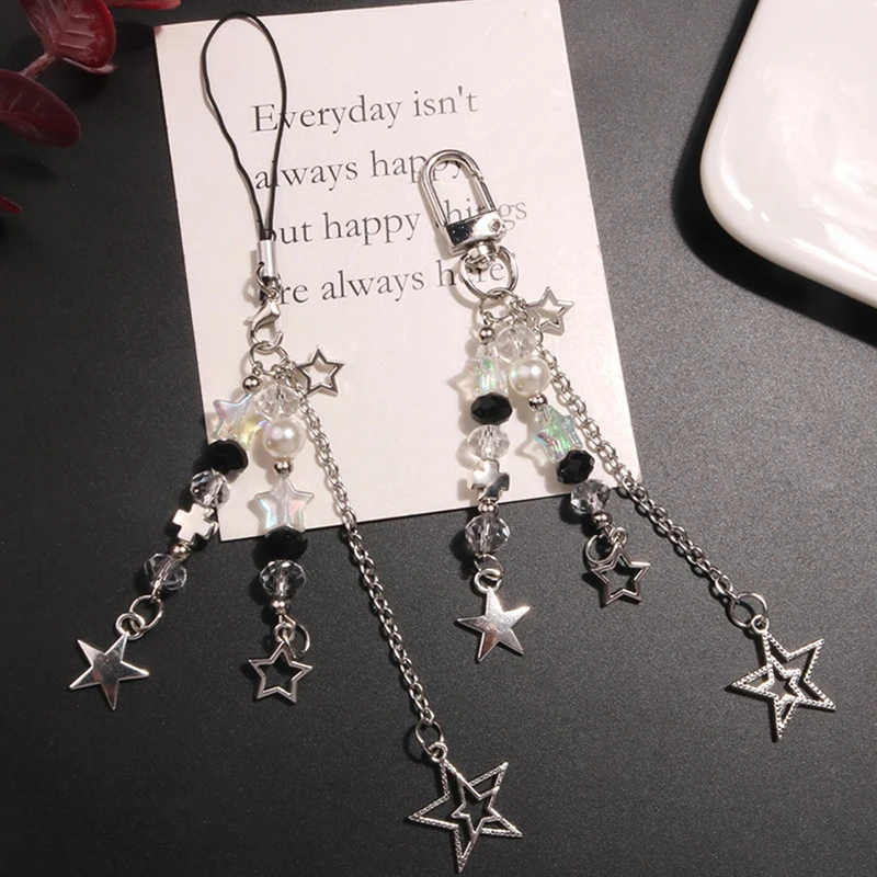 Goth Y2K Phone Charm Star Pearl Keychain Pendant Kawaii Key Chain Bag Beaded Phone Chain Cute Accessory For Girls Women Jewelry