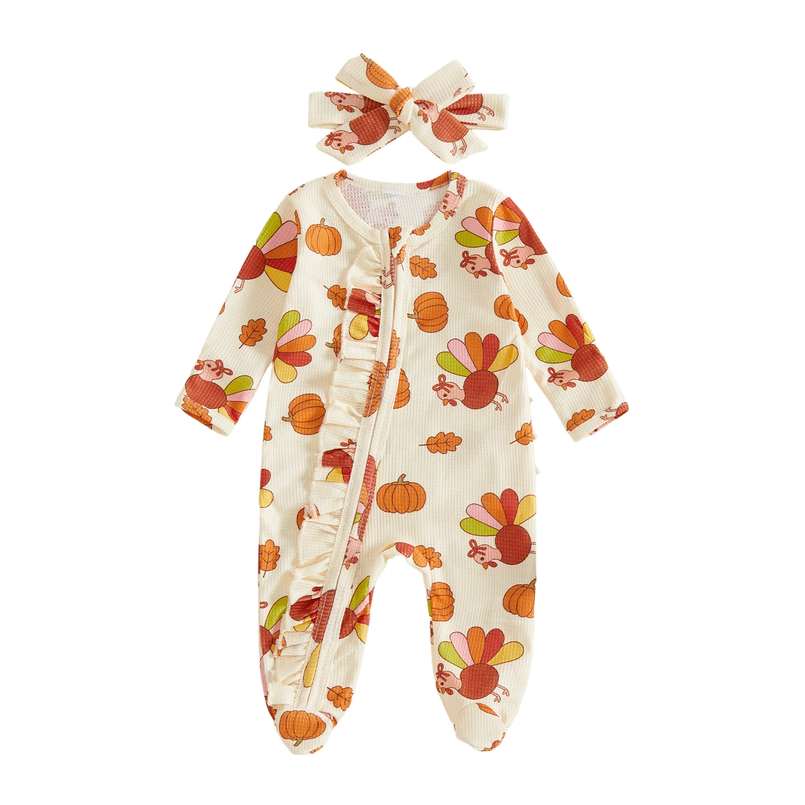 Baby Girl Thanksgiving Day Outfits Long Sleeve Jumpsuit with Headband Set