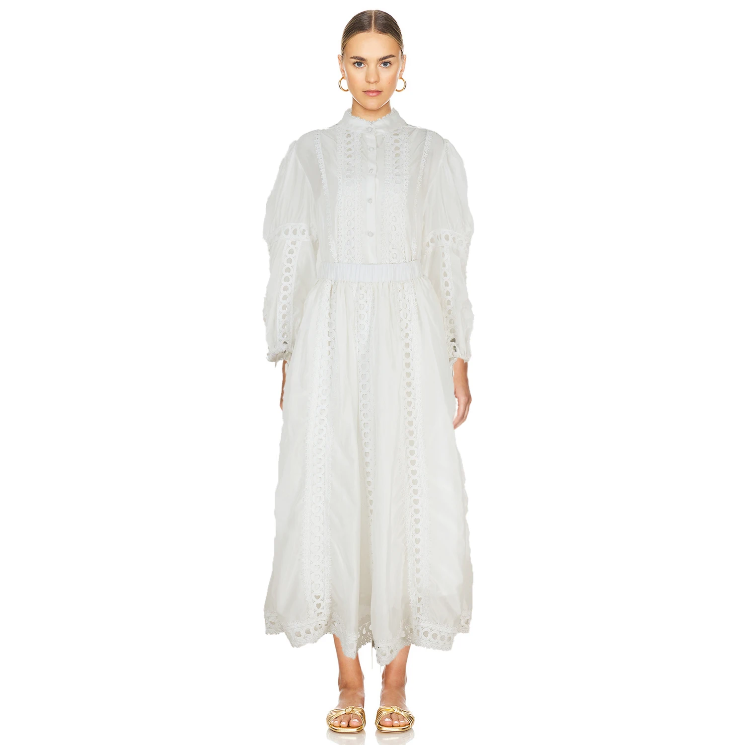 

Elegant Embroidery Long Dress 2 Piece Set Women Summer Autumn Hollow Out Crochet Shirts Elastic Waist Long Maxi Skirt Suits
