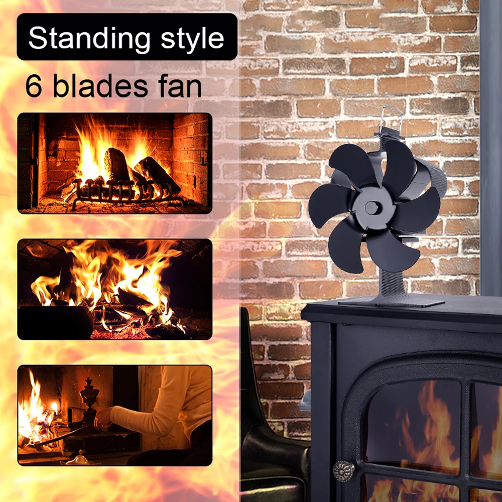 6 Blades Heat Powered Stove Fan Black Fireplace Fan Log Wood Burner Eco Quiet Fan Home Winter Heater Efficient Heat Distribution