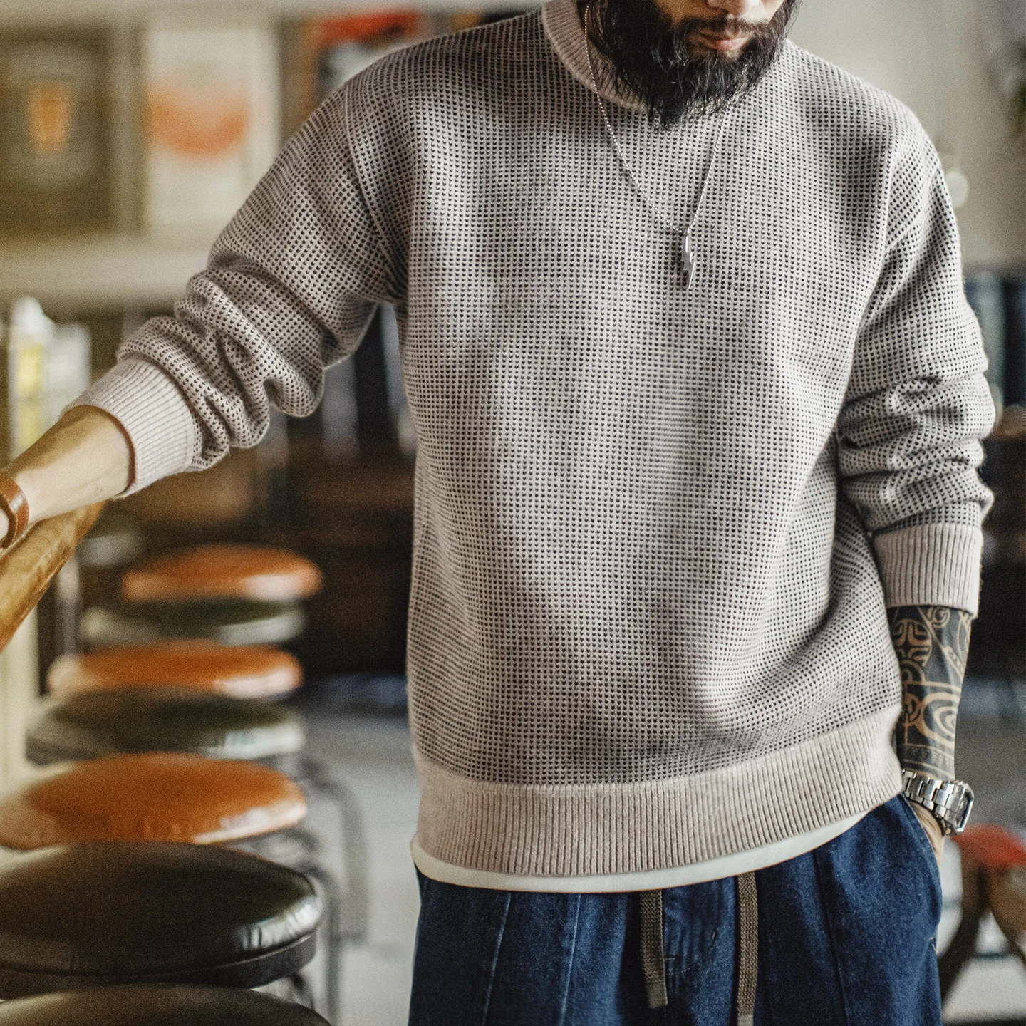 

Мужской вязаный свитер-пуловер Maden с круглым вырезом, стандартный крой, бежево-черный в клетку, весенний повседневный трикотажный топ для ежедневной носки