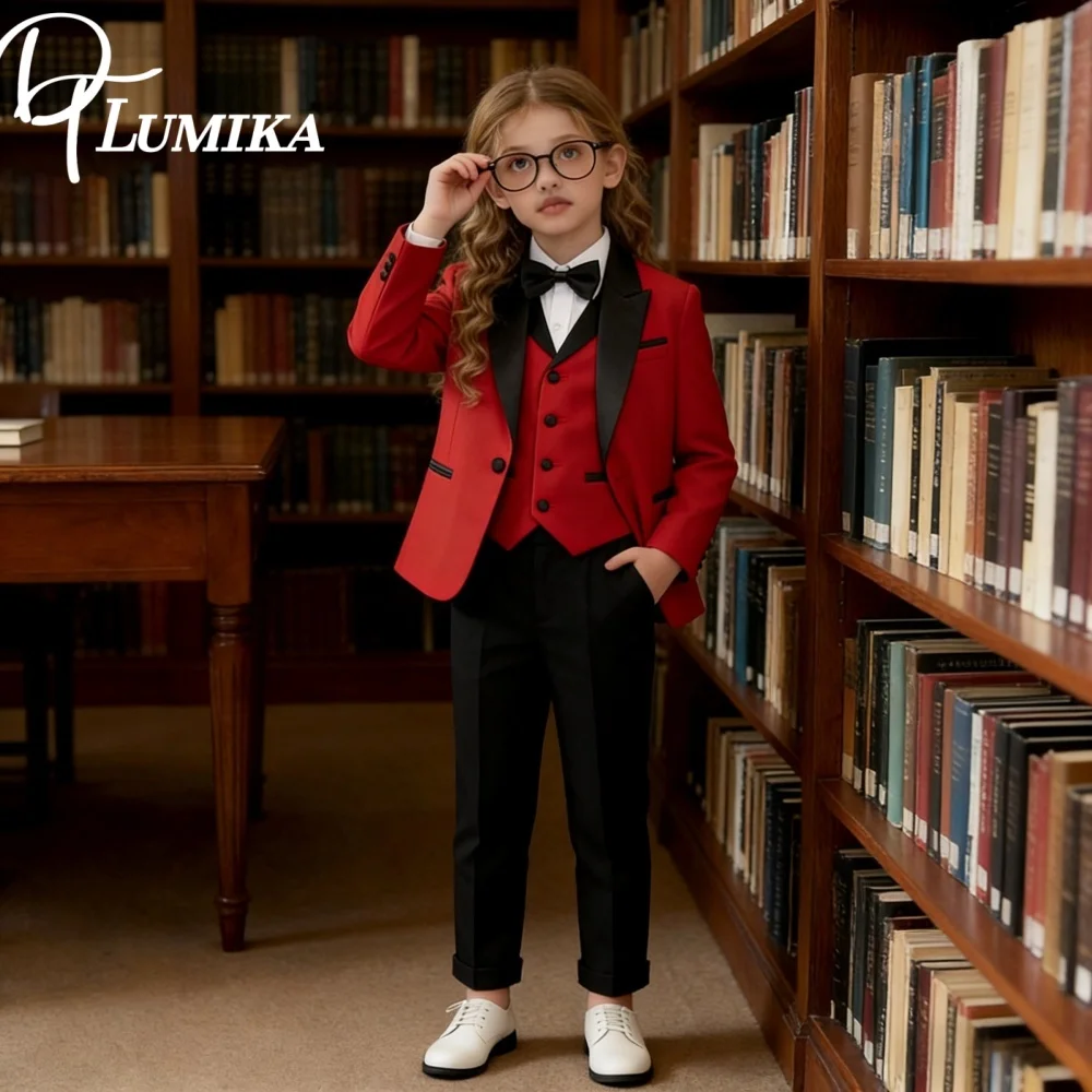 

Fashion Girls 4 Piece Tuxedo Set Jacket Vest Pants Bowtie Formal Dress Wear For Weddings Performances