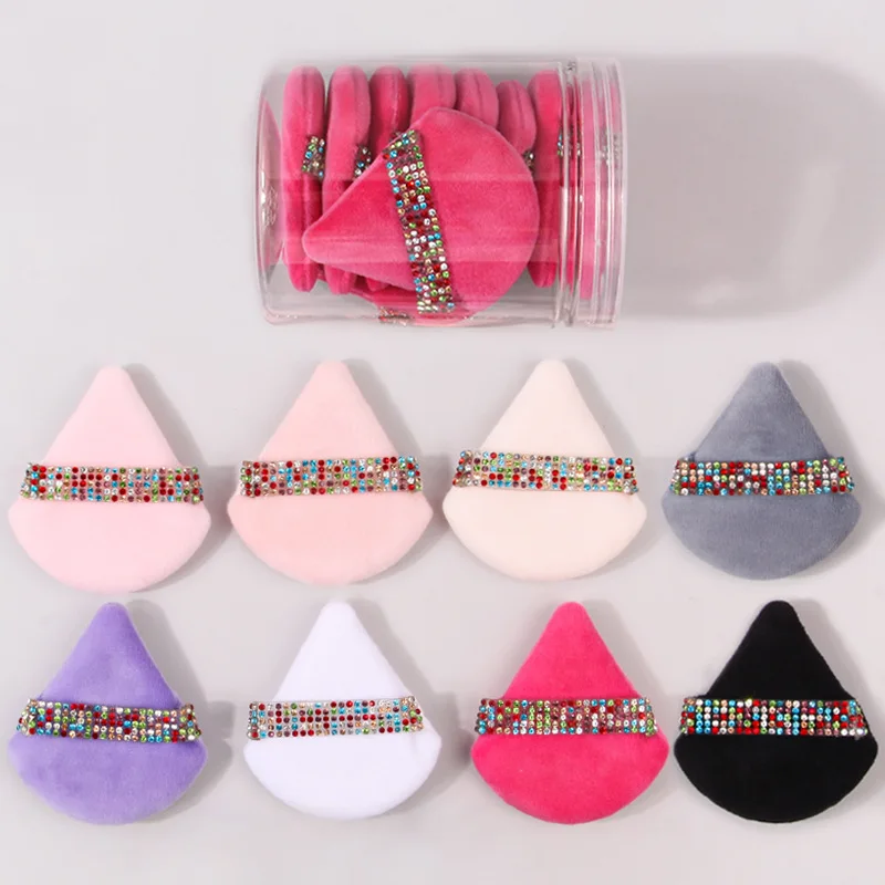 Private Label 10pcs Diamonds Triangle Powder Puff Face Makeup Sponge Cosmetics Soft Cotton Face Puff Washable Velvet Makeup Tool