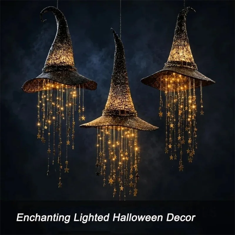 LED Light Up Witch Hat, Hanging Ornament Illuminated Glowing Star, Tassel Halloween Party Home Decor, Ceiling Pendant Gift Prop