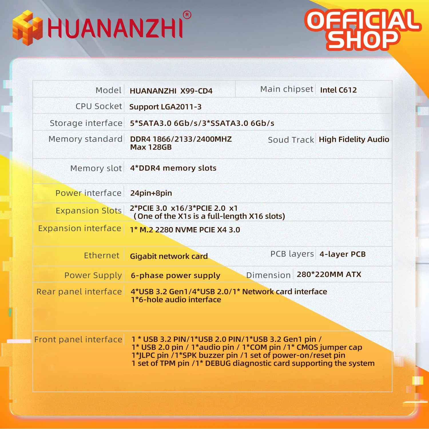 HUANANZHI X99 CD4 LGA 2011-3 XEON X99 Motherboard with TPM2.0 Support Intel E5 V3 V4 DDR4 RECC NON-ECC Memory NVME
