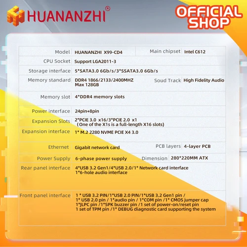 Imagen 2 del producto Placa base HUANANZHI X99 CD4 compatible con LGA 2011-3 Intel Xeon E5 V3 V4 DDR4 RECC memoria NON-ECC con TPM 2,0 para computadora de escritorio