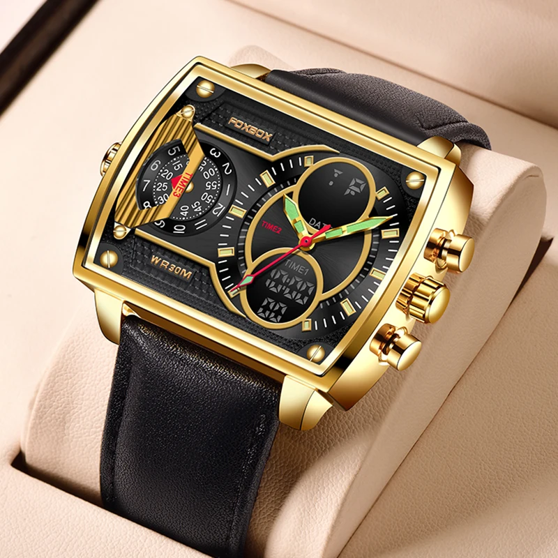 FOXBOX Leather Watch Men Military Sports Waterproof Men's Quartz Wristwatches Fashion LED Display Square Digital Watch For Men