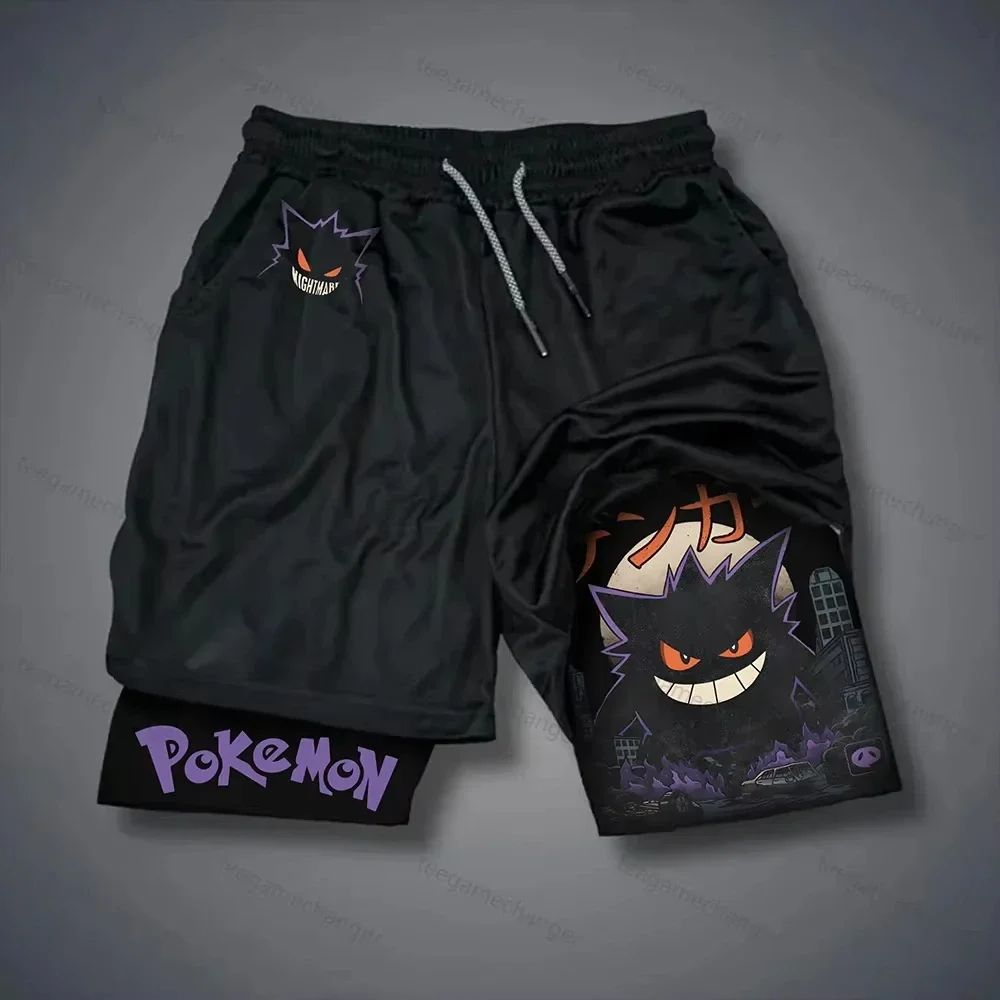 Pokémon Joint Sports Dubbellaagse shorts Amerikaans 2025 Zomer Herentrend Los Fitness Ademend Animatieprint 2-in-1 shorts