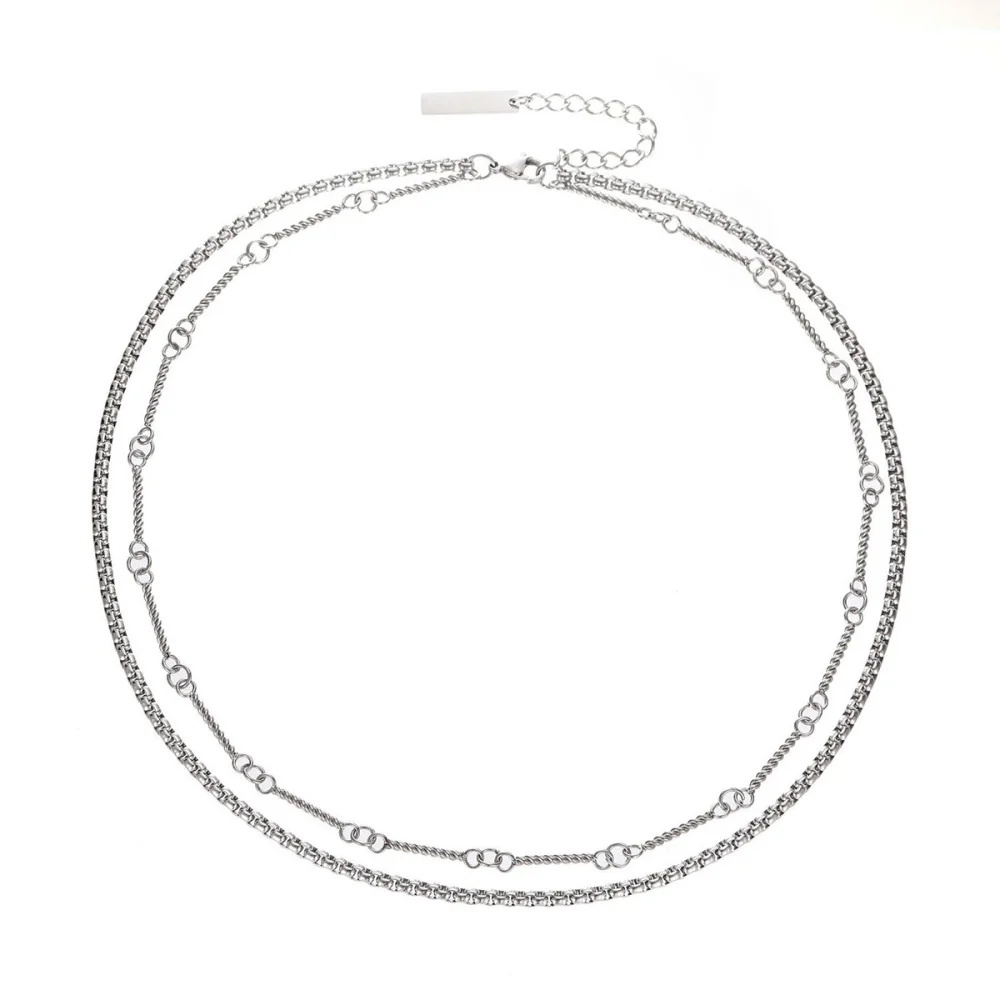 Hip-Hop-Herren-Doppelkreis-Kettenhalskette, Retro-Silberfarben, Edelstahl-Halskette, Modeschmuck, Trendige Pulloverkette – Detail 5