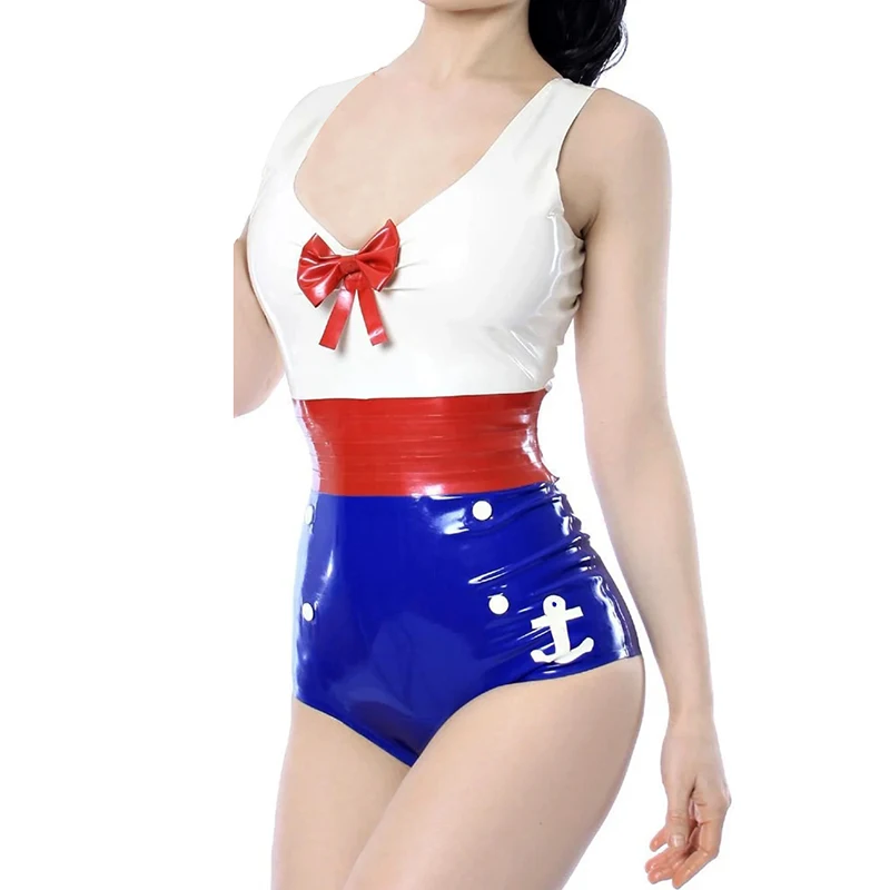 Blue And White Red Sexy Sailor Latex Uniform Bodysuits Bows Trims Decorations Zipper At Back Swimsuits Catsuits LTY-0352