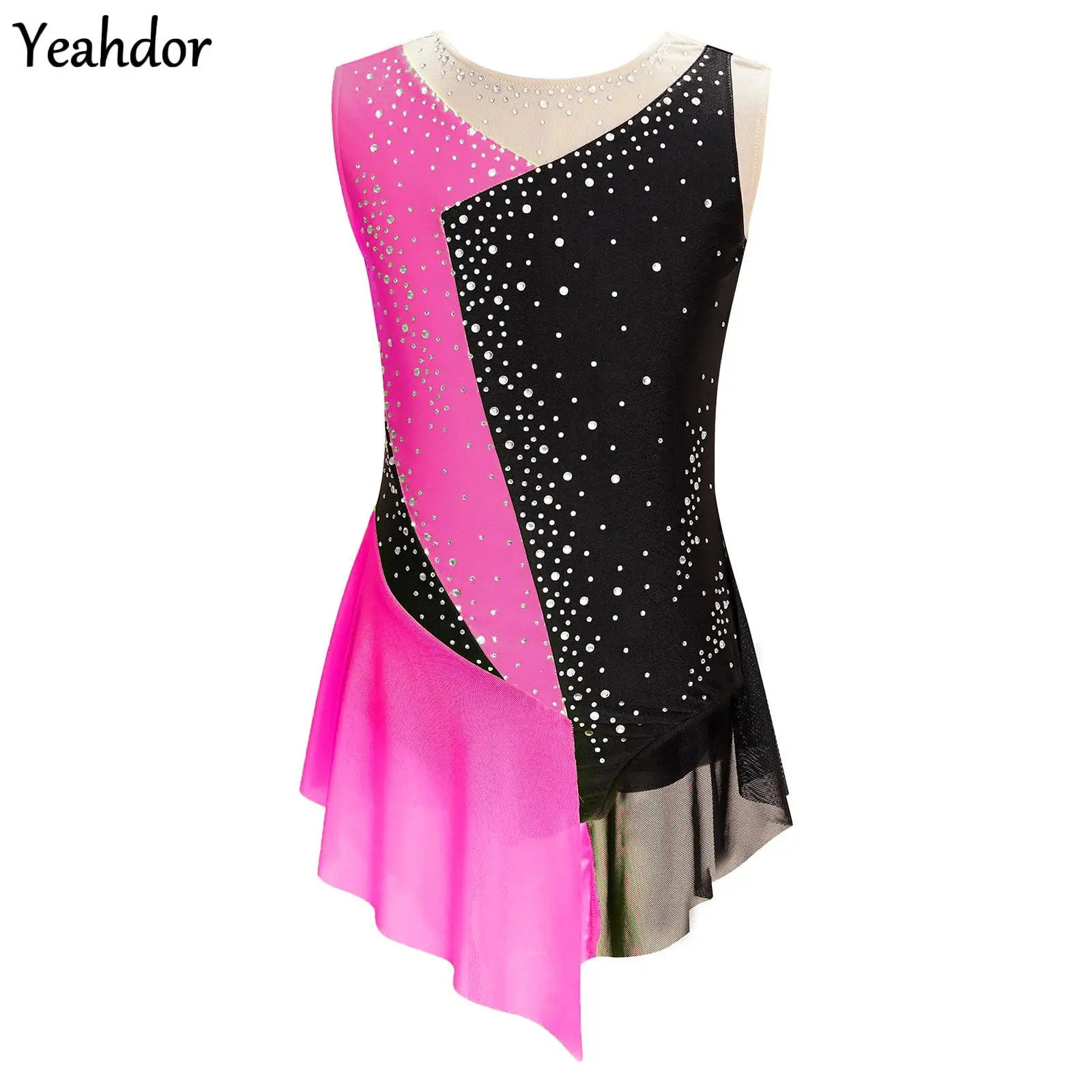 

Girls Rhinestone Figure Skating Gymnastics Costume Sleeveless Sheer Mesh Patchwork Skirted Bodysuit Ballet Jersey Leotard Dress