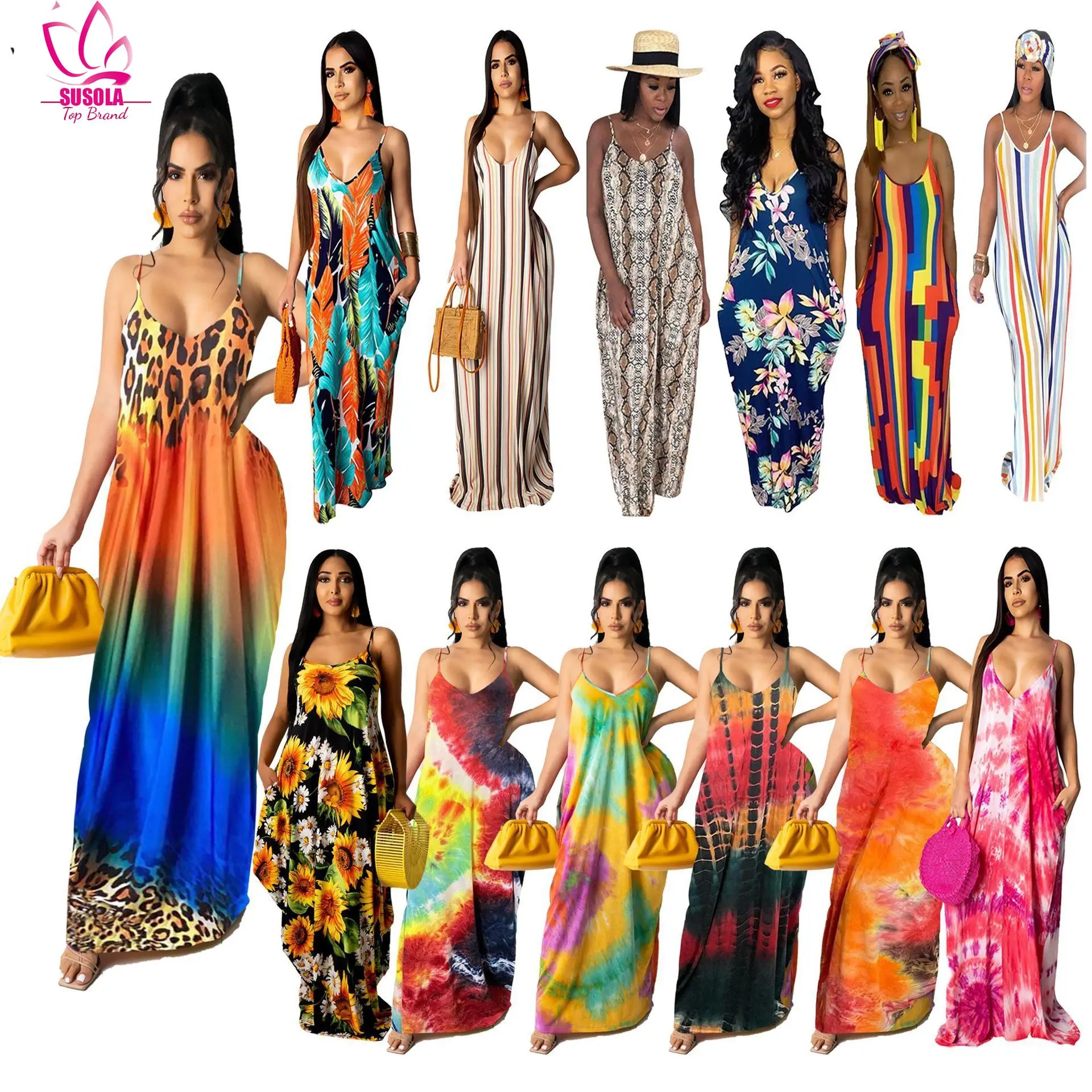 Womens Sleeveless Summer Boho Printed Beach Casual Loose Sundress Tight Sexy Sling Hawaiian Dress Ladies Loose Cotton Slip Dress