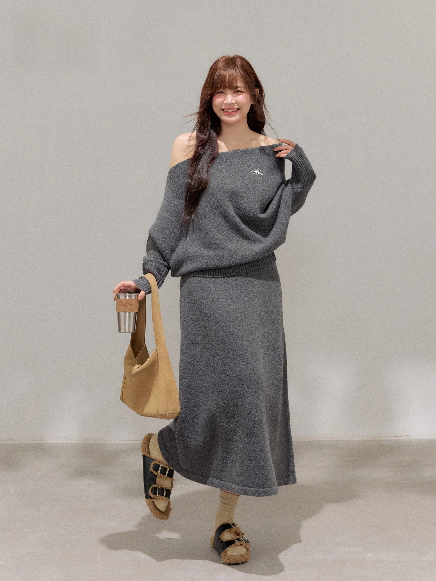 

Large Size Women's Autumn Winter Faion Sweater Skirt Set oulder Bared High Waist A-Line Skirt Korean Sle Commute Pure C...