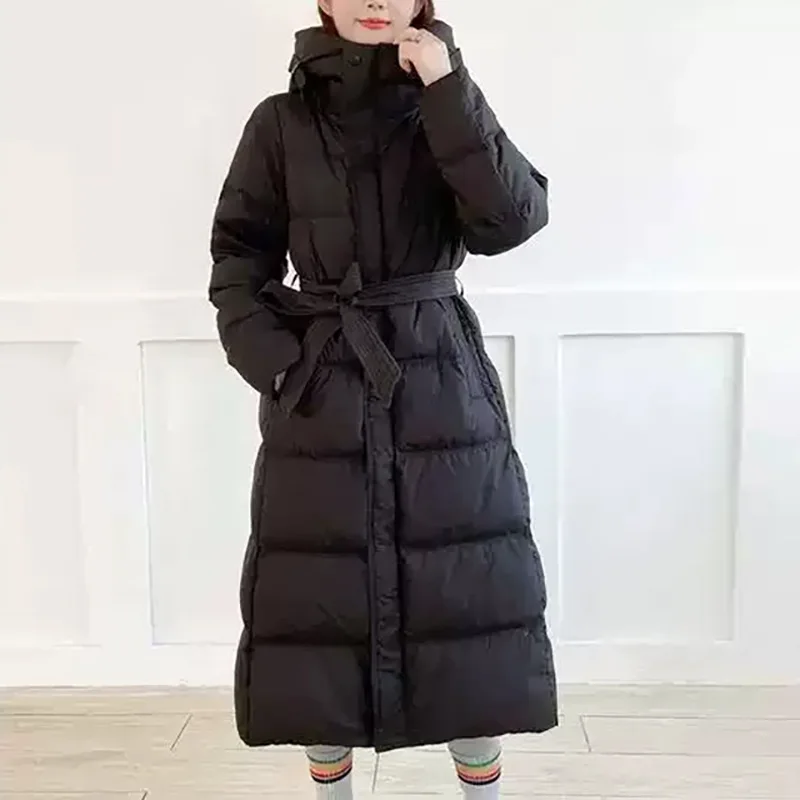 

Women's Hooded Slim Long Feather Puffer Jacket with Belt, White Duck Down, Thick Warm Parkas, Female Winter Coats