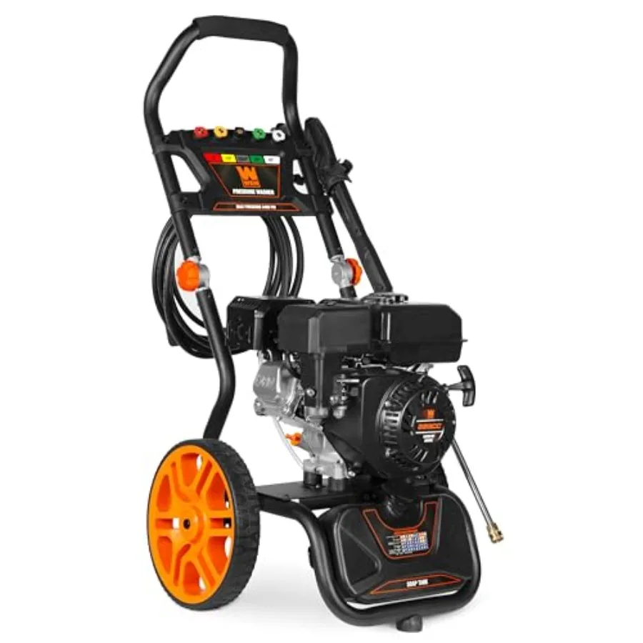 

Gas pressure washer for outdoor cleaning, steel frame, red color, 3400 PSI with 223cc engine and 2.7 GPM flow rate plus onboard