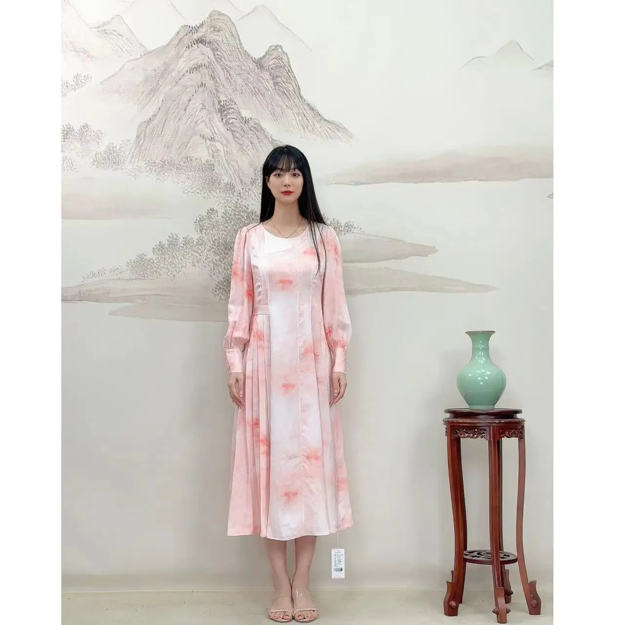 VOA Turquoise Blue 22 Momme Jacquard Patterned Mulberry Silk Round-neck Pure Silk Dress