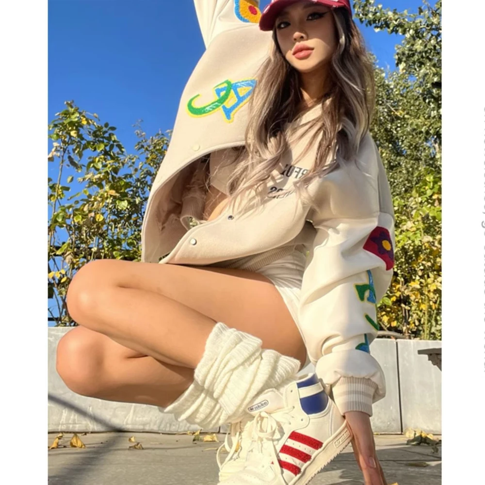 Women Hip Hop Letter Loose Long Sleeve Patchwork Autumn American Retro Jacket Baseball Uniform Lady Outerwear Sweet Coat
