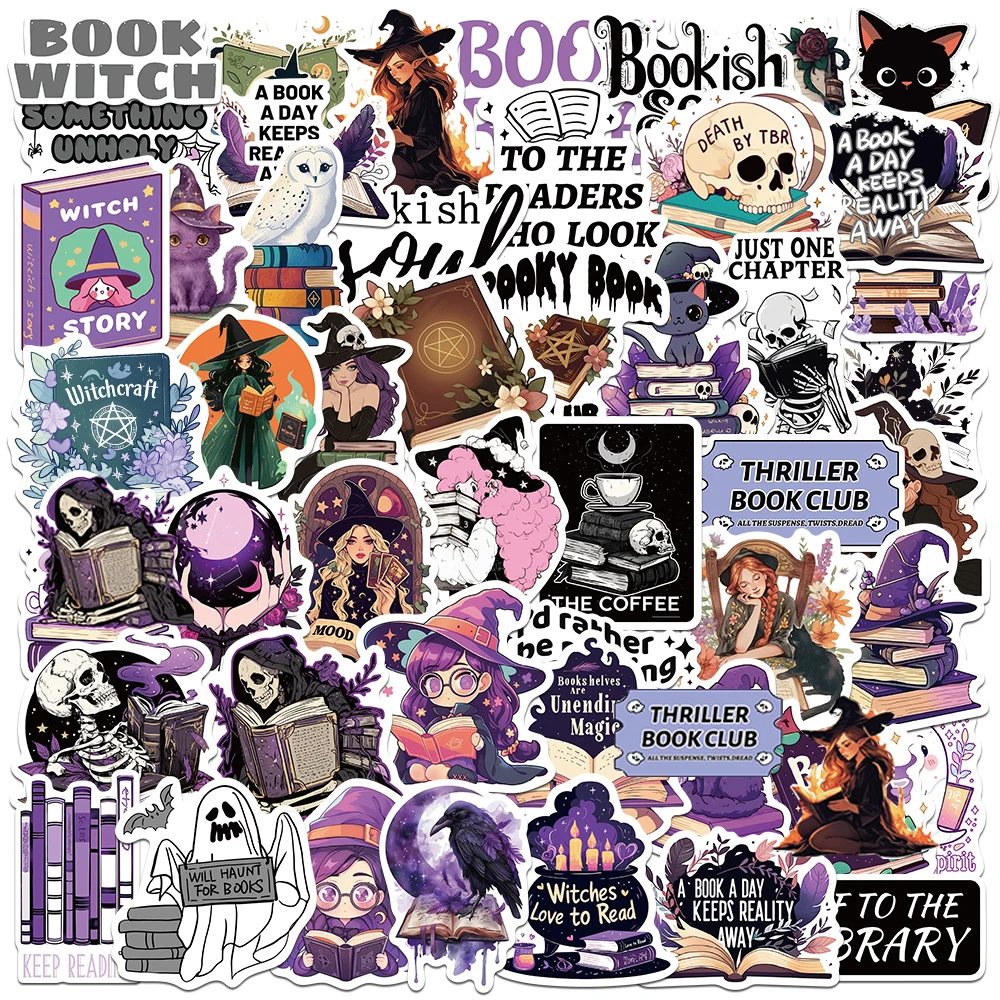 10/30/50/100pcs Cute Purple Witch Bookish Graffiti Stickers Gothic Girl Reading Book Decal Phone Helmet Guitar PVC Sticker Decor