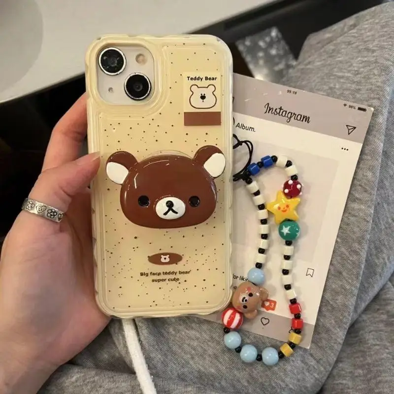 

Новый милый чехол для Iphone Kawaii Rilakkuma Iphone15/14/13/12/11Promax с кронштейном и цепью, мягкий чехол, подарок девушке против падения