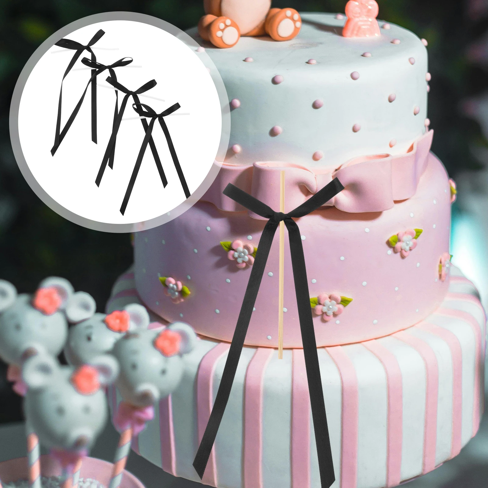

40pcs Black Bow Cake Decoration Baby Shower Ribbon Party Supplies Cake Bows Cupcake Toppers Wedding Anniversary