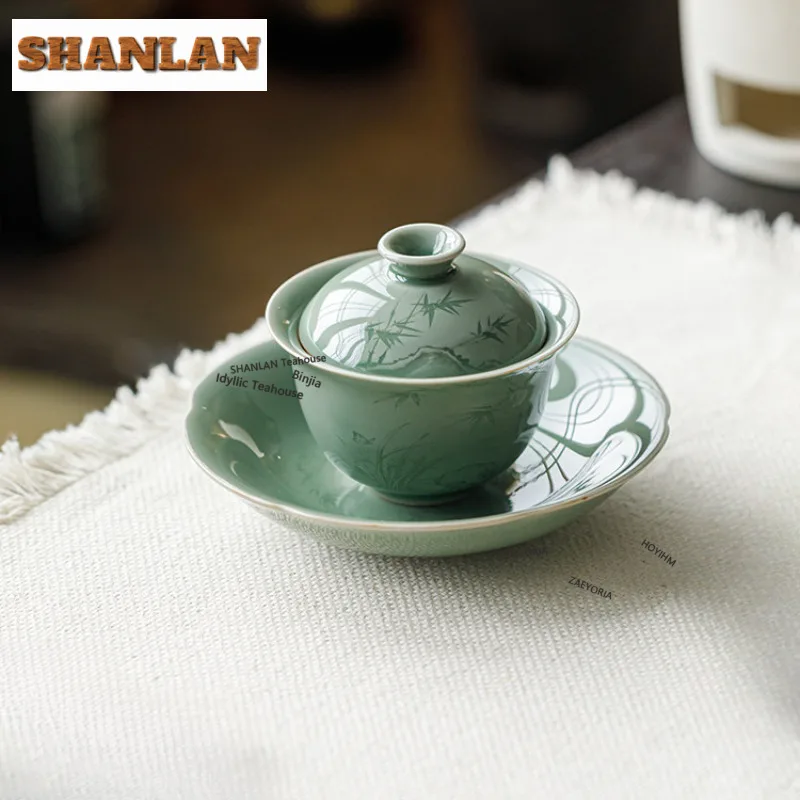 100ml Yue Kiln Celadon Shadow Gaiwan Retro Tea Tureen Tea Bowl With Lid Kit Tea Maker Cover Bowl Tea Ceremony Accessories Craft