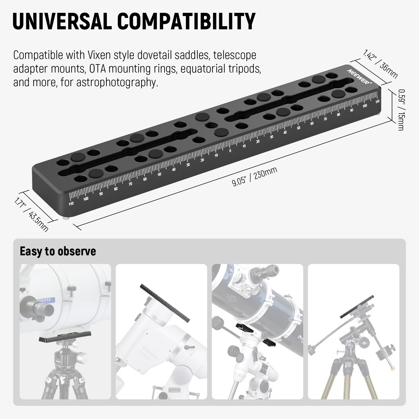 Neewer Rail Bar Vixen Dovetail Plate Metal Mounting Saddle for Telescope Mount Adapter OTA Equatorial Tripod Sky Astrophotograph