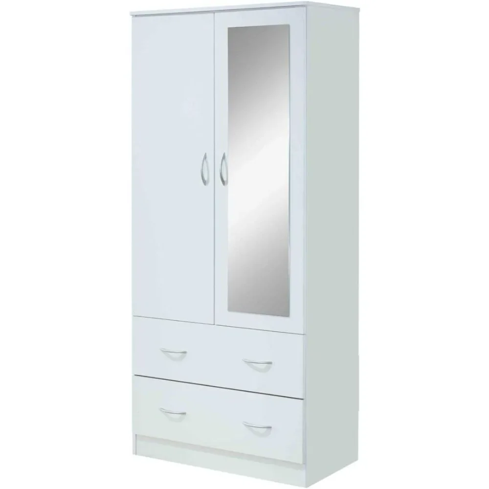 2 Door Wood Wardrobe Bedroom Closet with Clothing Rod inside Cabinet, 2 Drawers for Storage and Mirror, White