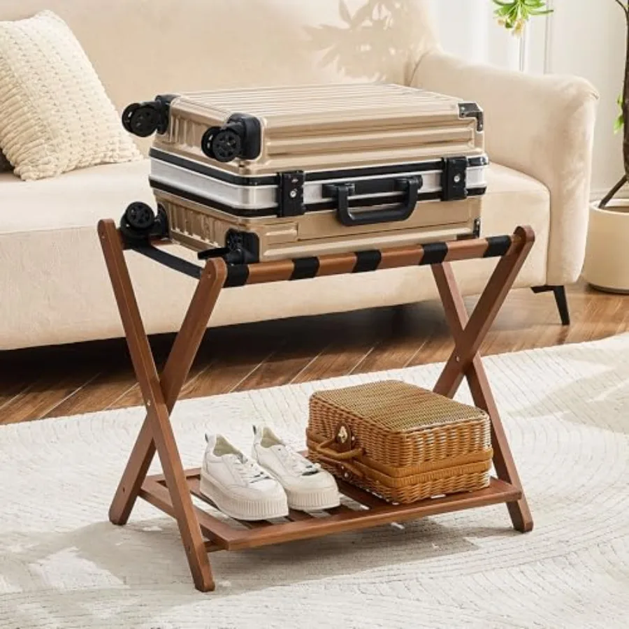 

Fully Assembled Luggage Rack Walnut Luggage Rack for Guest Room Bamboo Folding Suitcase Stand with Storage Shelf 5 Nylon Straps