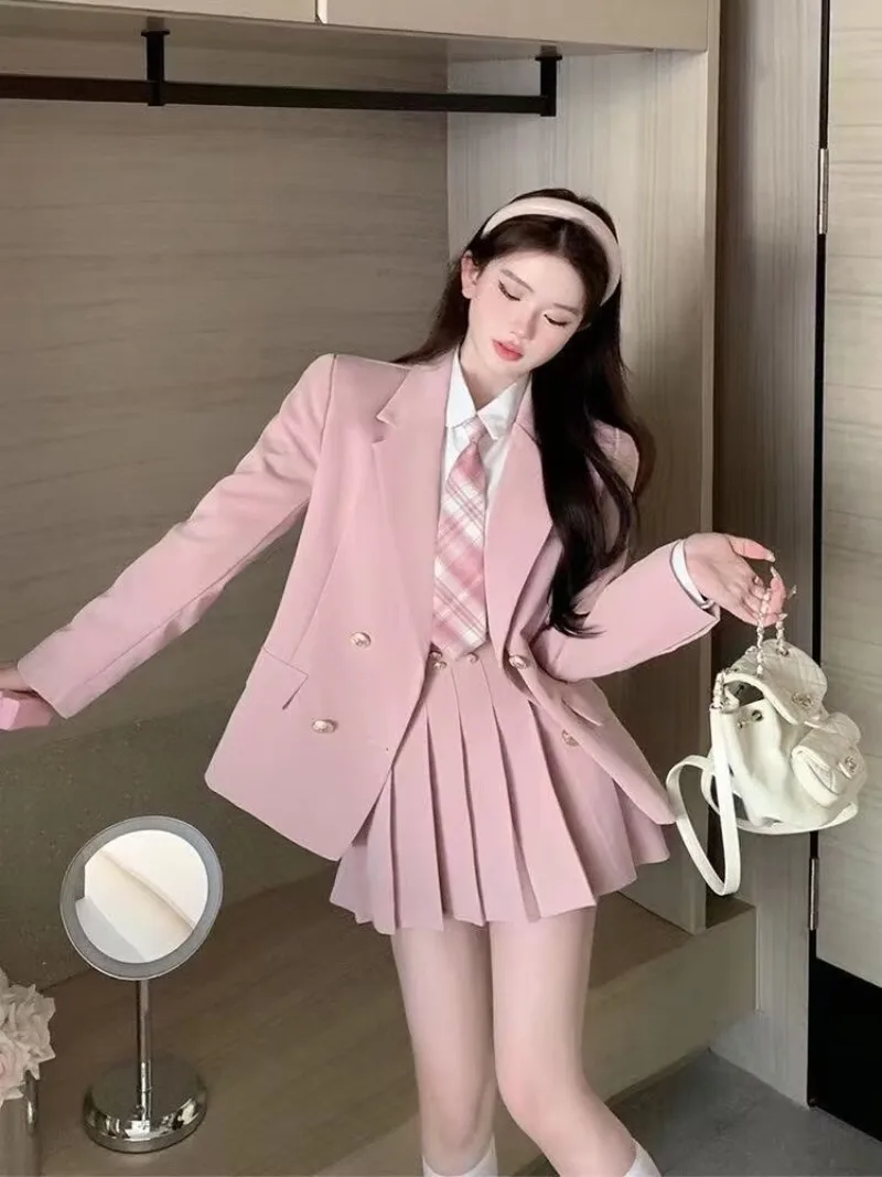 Japanese JK Pleated Skirt Set Pure Desire Fashion Sweet Age Reducing Preppy Style Autumn New Loose Suit+Shirt+Skirt 3 Piece Set